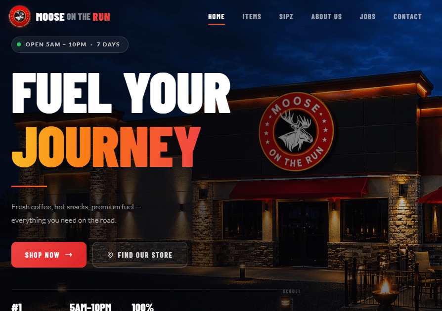 Homepage with Sipz banner — dark palette, red accents